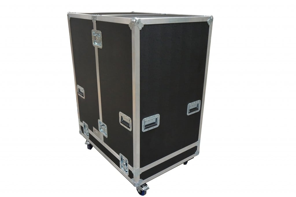 Large black ATA transport case with aluminum hardware and casters