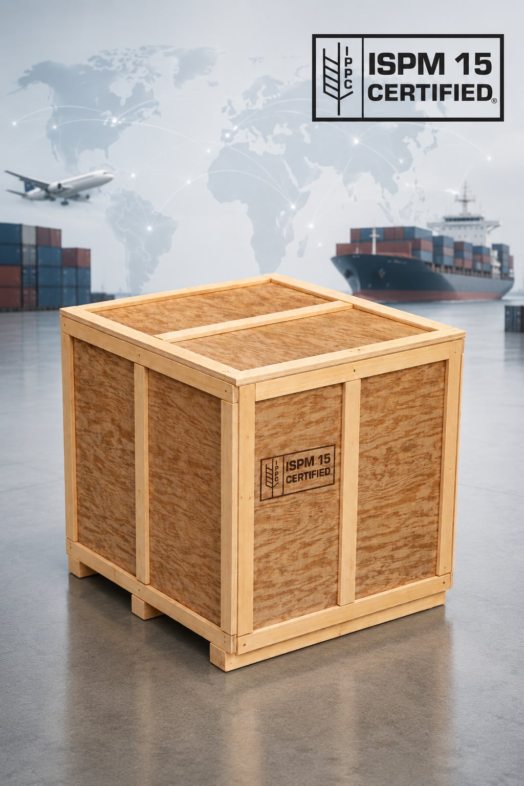 ISPM 15-certified custom wood export crate with international air and ocean shipping imagery