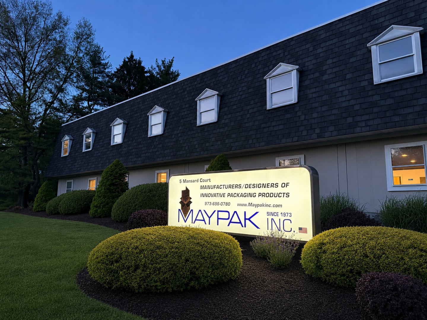 Maypak manufacturing facility and company sign in Wayne, New Jersey